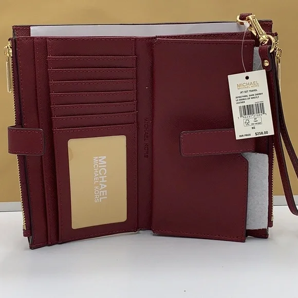 MICHAEL KORS LARGE DOUBLE ZIP WRISTLET WALLET DARK CHERRY COLOR MERLOT MULBERRY - Picture 2 of 16
